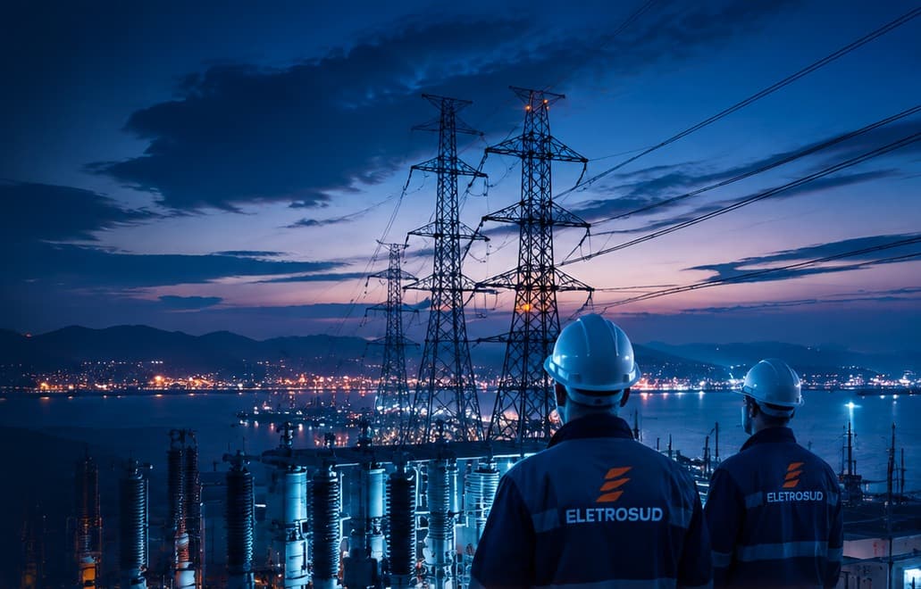 Engenheiros da Eletrosud observando torres de transmissão de energia junto a uma subestação, com uma cidade litorânea iluminada ao fundo, ao entardecer
